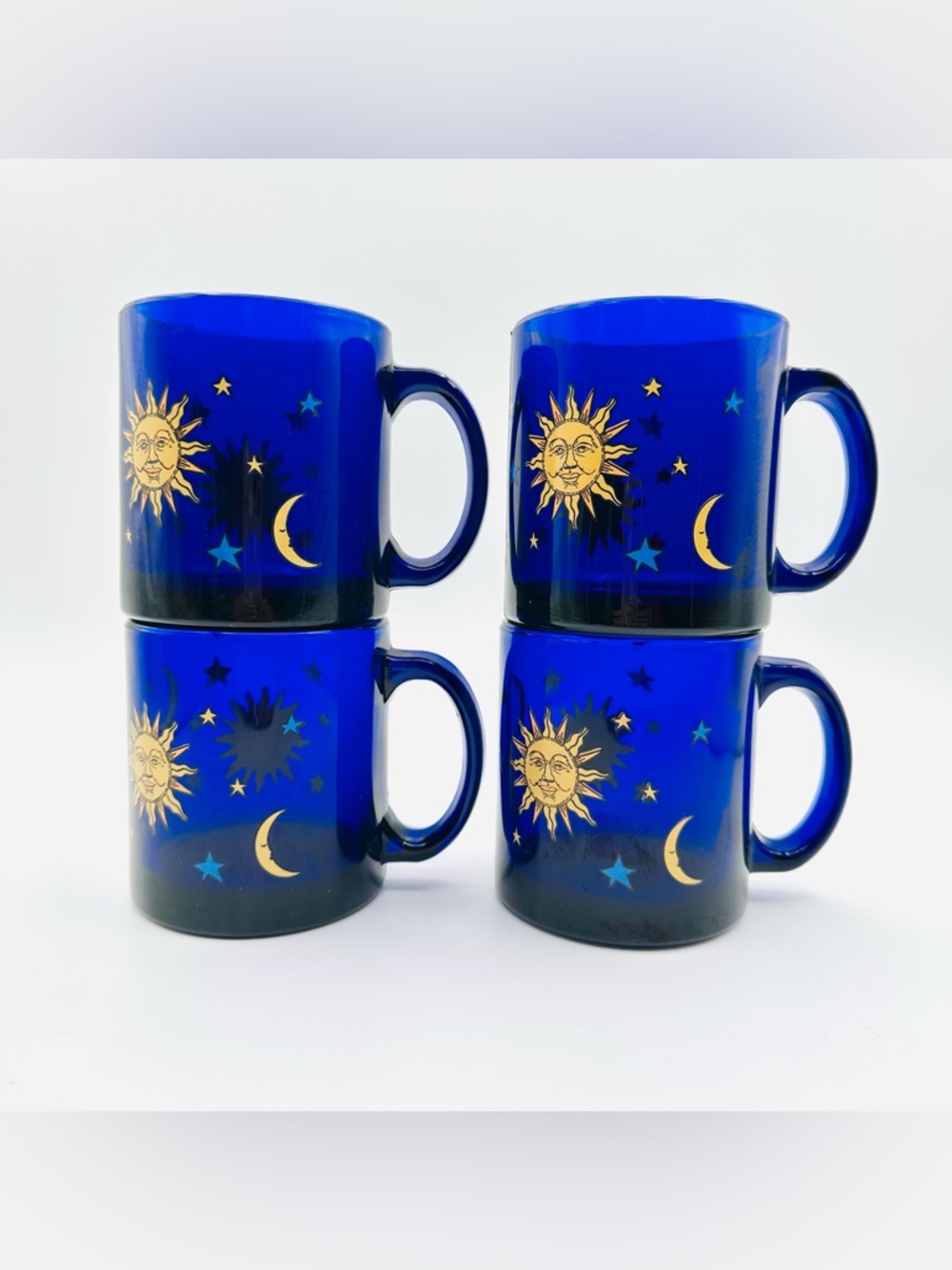 Vintage Libbey Cobalt Blue Celestial Coffee Mugs - Sun Moon Stars (Set of 4)